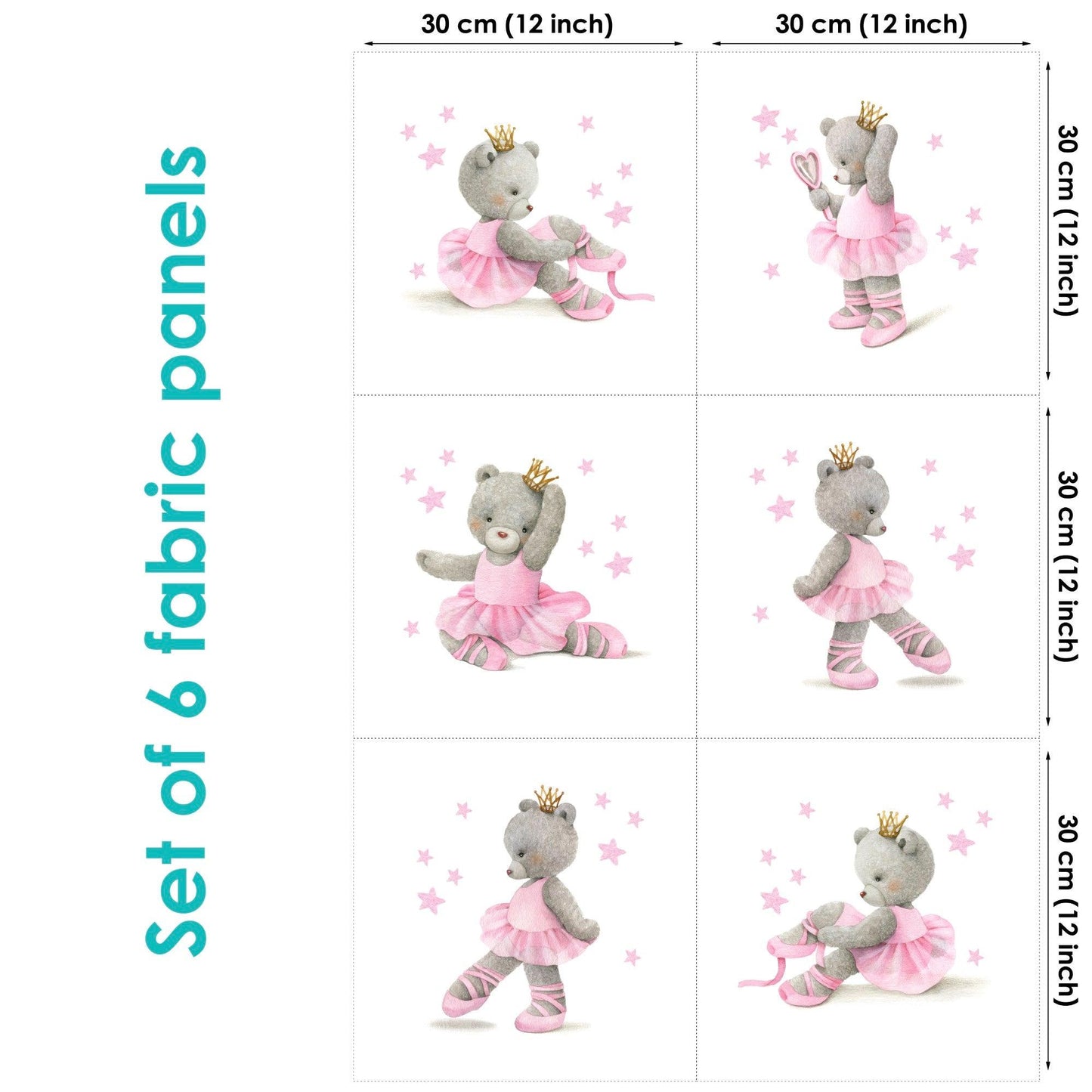 Set of 6 fabric panels featuring a printed design of a ballerina in pink attire on a white background.