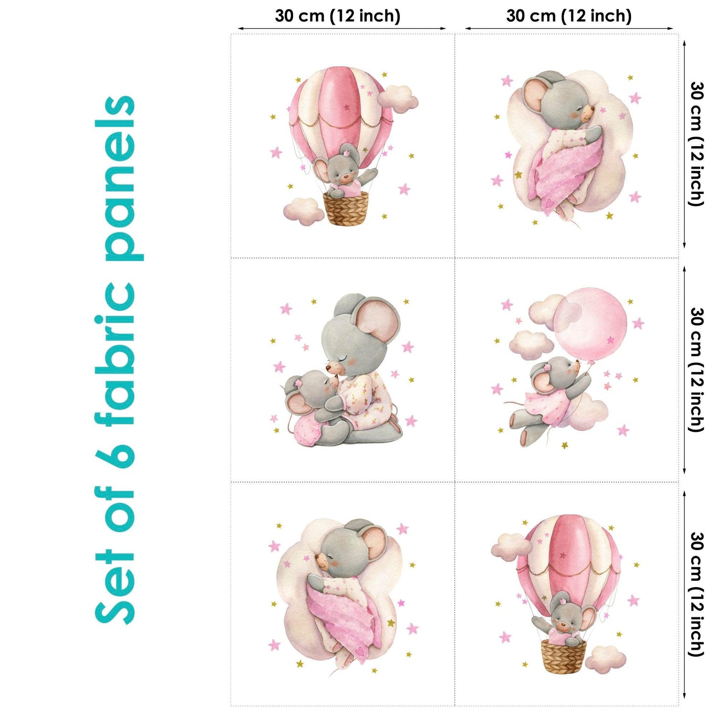 Set of 6 fabric panels with pink mice designs, each 30 cm by 30 cm.