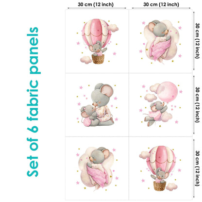 Set of 6 fabric panels with pink mice designs, each 30 cm by 30 cm.